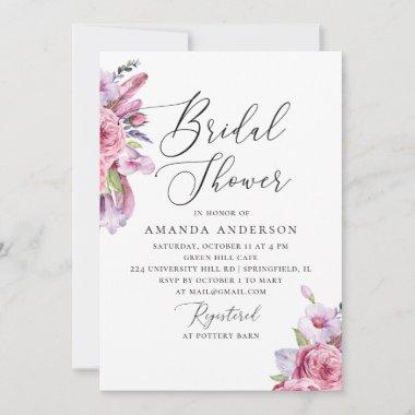 Watercolor pink boho floral feathers bridal shower Invitations