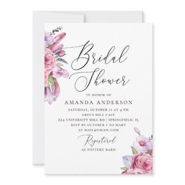 Watercolor pink boho floral feathers bridal shower Invitations