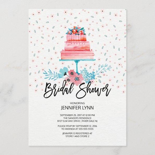Watercolor Pink Cake Bridal Shower Invitations