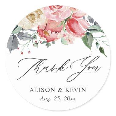 Watercolor Pink Cream Rose Floral Thank You Classic Round Sticker