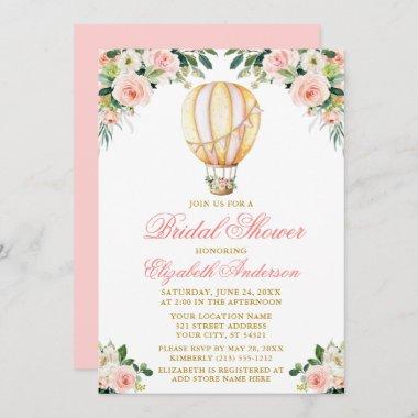 Watercolor Pink Floral Air Balloon Bridal Shower Invitations