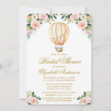 Watercolor Pink Floral Balloon Bridal Shower Gold Invitations