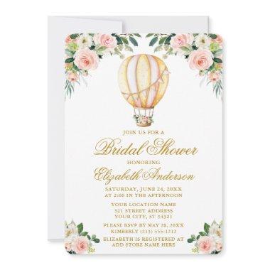 Watercolor Pink Floral Balloon Bridal Shower Gold Invitations