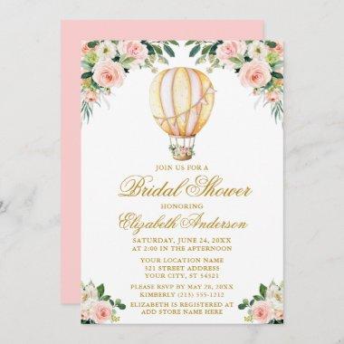 Watercolor Pink Floral Balloon Gold Bridal Shower Invitations