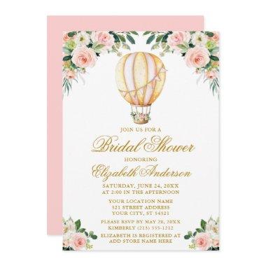 Watercolor Pink Floral Balloon Gold Bridal Shower Invitations