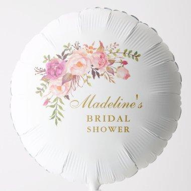 Watercolor Pink Floral  Gold Script Balloon