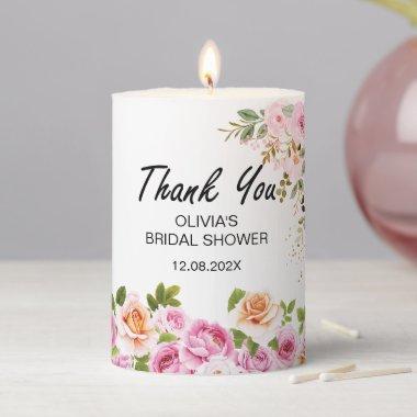 Watercolor Pink Floral Bridal Shower Thank You Pillar Candle