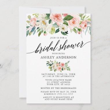 Watercolor Pink Floral Calligraphy Bridal Shower Invitations