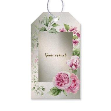 Watercolor Pink Floral Frame Shiny Bronze Party Gift Tags