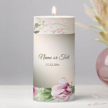Watercolor Pink Floral Frame Shiny Bronze Party Pillar Candle