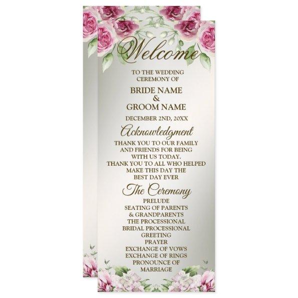 Watercolor Pink Floral Frame Shiny Bronze Party Program