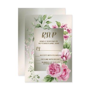 Watercolor Pink Floral Frame Shiny Bronze Party RSVP Card