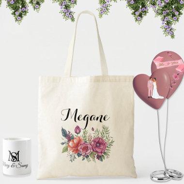 watercolor pink floral monogram name bridesmaid to tote bag