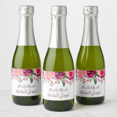 Watercolor Pink Floral Personalized Wedding Mini C Sparkling Wine Label