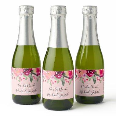 Watercolor Pink Floral Personalized Wedding Mini Sparkling Wine Label