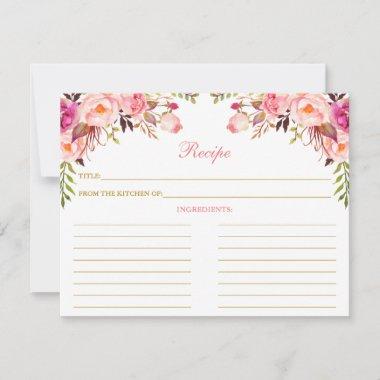 Watercolor Pink Floral Shower Recipe Invitations Gold