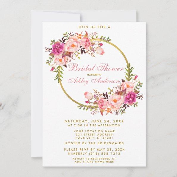 Watercolor Pink Floral Wreath Gold Bridal Shower P Invitations