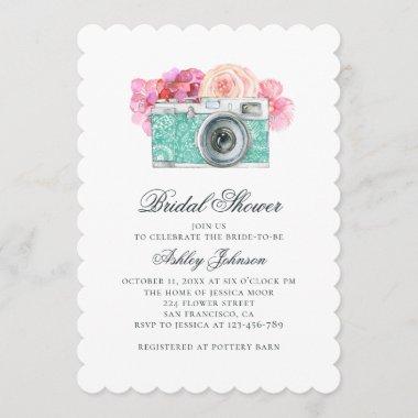 Watercolor pink flowers and camera bridal shower Invitations