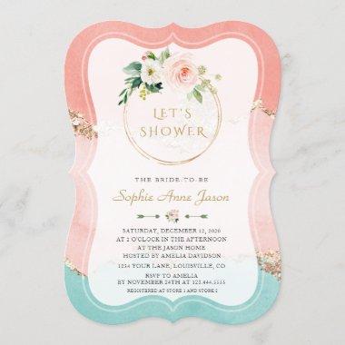 Watercolor Pink Flowers Gold Foil Bridal Shower Invitations