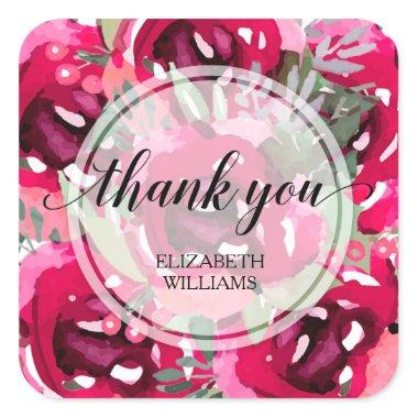 Watercolor Pink Flowers Thank You Square Sticker
