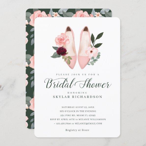 Watercolor Pink High Heel Floral Bridal Shower Invitations