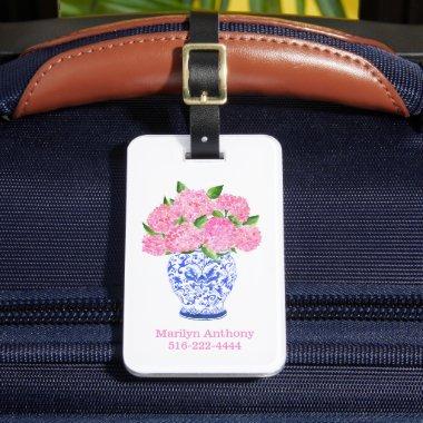 Watercolor Pink Hydrangea Chinoiserie Name Number Luggage Tag