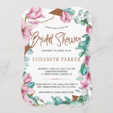 Watercolor pink magnolias copper bridal shower Invitations