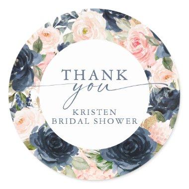 Watercolor Pink Navy Floral Border Bridal Shower Classic Round Sticker