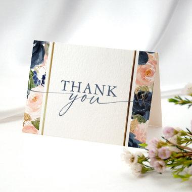 Watercolor Pink Navy Floral Border Bridal Shower Thank You Invitations