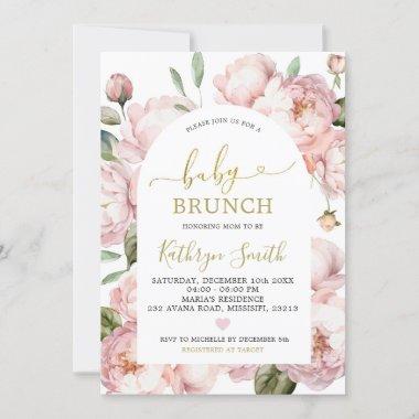 Watercolor Pink Peony Floral Arch Baby Brunch Invitations