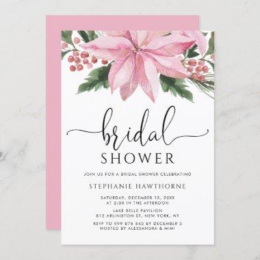 Watercolor Pink Poinsettia Winter Bridal Shower Invitations
