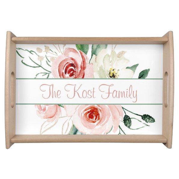 Watercolor Pink Rose Serving Tray