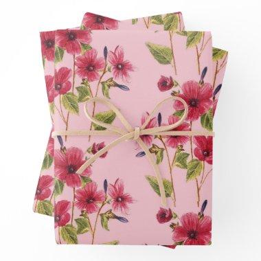 Watercolor Pink Rose Set of 3 Wrapping Sheets