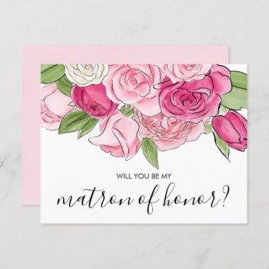 Watercolor Pink Roses Be My Matron Of Honor Invitations