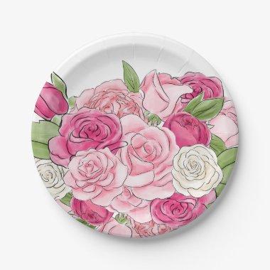 Watercolor Pink Roses Bridal Shower Paper Plate