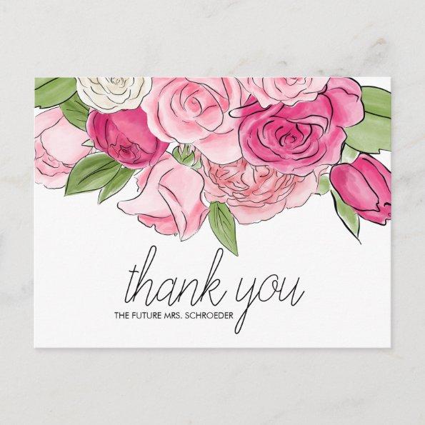 Watercolor Pink Roses Bridal Thank You PostInvitations