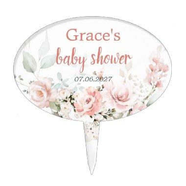 Watercolor Pink Roses Greenery Baby Shower Cake Topper