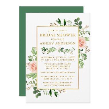 Watercolor Pink Roses Greenery Bridal Shower Gold Invitations