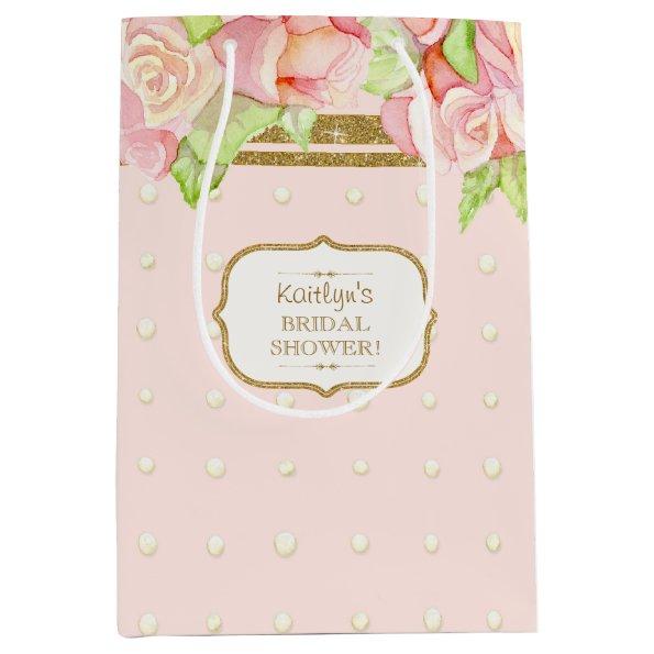 Watercolor Pink Roses Pearls Bouquet Bridal Shower Medium Gift Bag