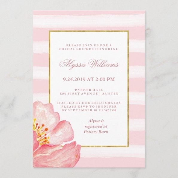 Watercolor Pink Stripes and Peony Bridal Shower Invitations