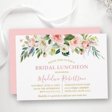 Watercolor Pink White Floral Gold Bridal Lunch Invitations