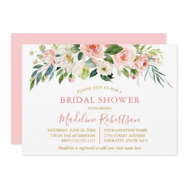 Watercolor Pink White Floral Gold Bridal Shower Invitations