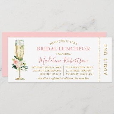 Watercolor Pink White Floral Ticket Bridal Lunch Invitations
