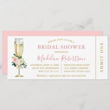 Watercolor Pink White Floral Ticket Bridal Shower Invitations