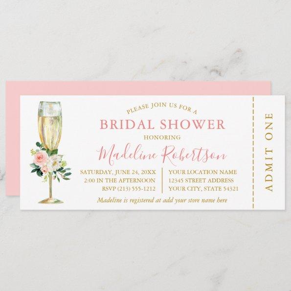 Watercolor Pink White Floral Ticket Bridal Shower Invitations