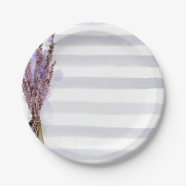 Watercolor Pink & White Stripes Floral Paper Plates