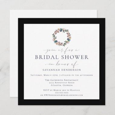 Watercolor Pink Wreath Black Border Bridal Shower Invitations