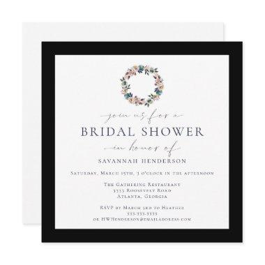 Watercolor Pink Wreath Black Border Bridal Shower Invitations