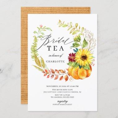 Watercolor Pumpkin Autumn Wreath Bridal Shower Tea Invitations