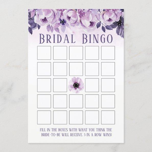 Watercolor Purple Floral Bridal Shower Bingo Invitations